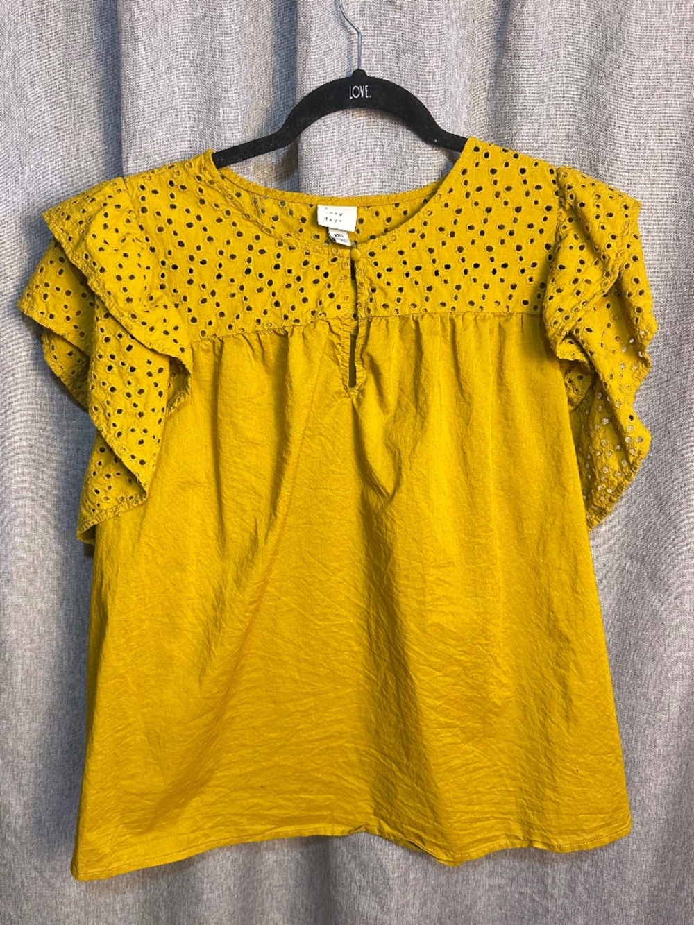 A New Day Mustard Yellow Eyelet Ruffle Flutter Sleeve Blouse Top - Women's XXL